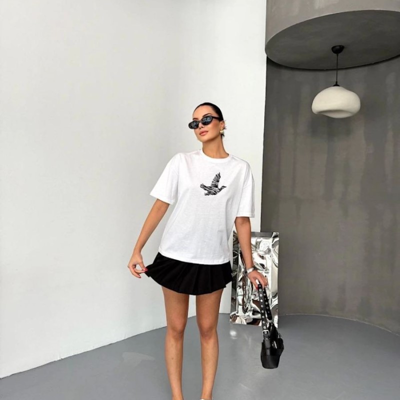 KADIN Baskılı T-Shirt Kısa Kol Bisiklet Yaka Regular Fit Yazlık Tişört - Beyaz