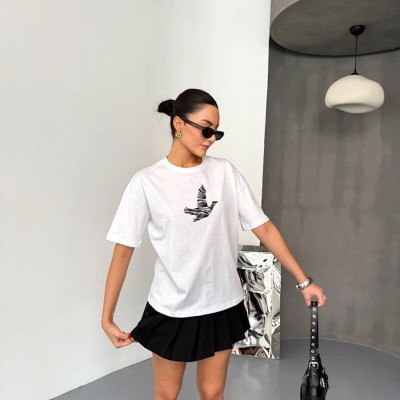 KADIN Baskılı T-Shirt Kısa Kol Bisiklet Yaka Regular Fit Yazlık Tişört - Beyaz