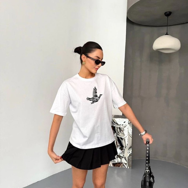 KADIN Baskılı T-Shirt Kısa Kol Bisiklet Yaka Regular Fit Yazlık Tişört - Beyaz