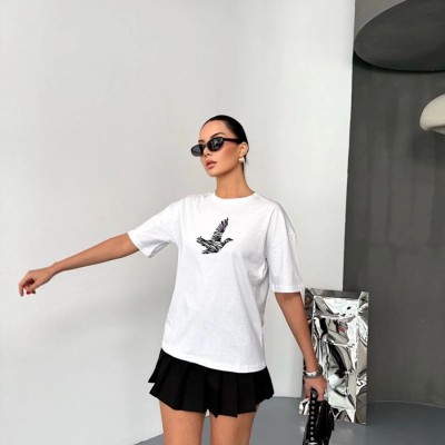 KADIN Baskılı T-Shirt Kısa Kol Bisiklet Yaka Regular Fit Yazlık Tişört - Beyaz