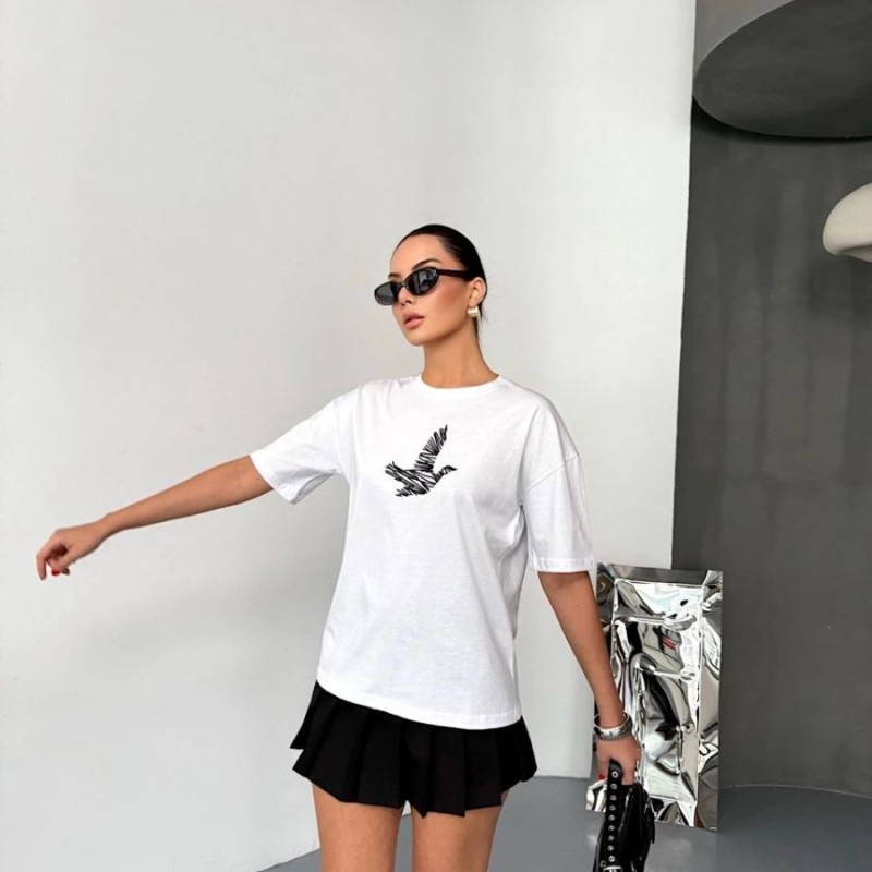 KADIN Baskılı T-Shirt Kısa Kol Bisiklet Yaka Regular Fit Yazlık Tişört - Beyaz