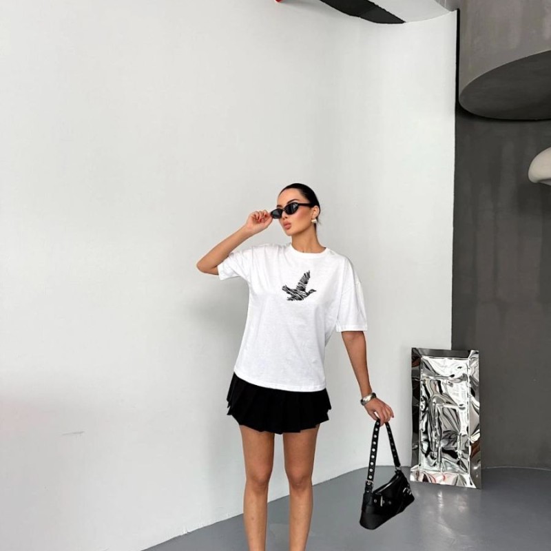 KADIN Baskılı T-Shirt Kısa Kol Bisiklet Yaka Regular Fit Yazlık Tişört - Beyaz
