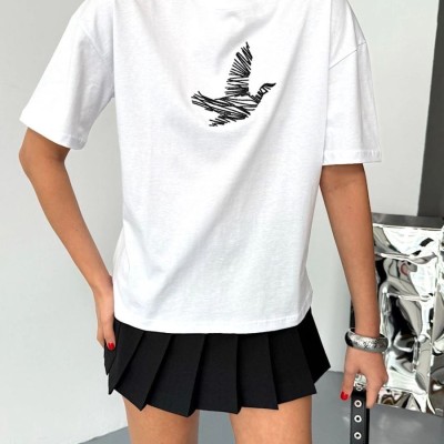 KADIN Baskılı T-Shirt Kısa Kol Bisiklet Yaka Regular Fit Yazlık Tişört - Beyaz