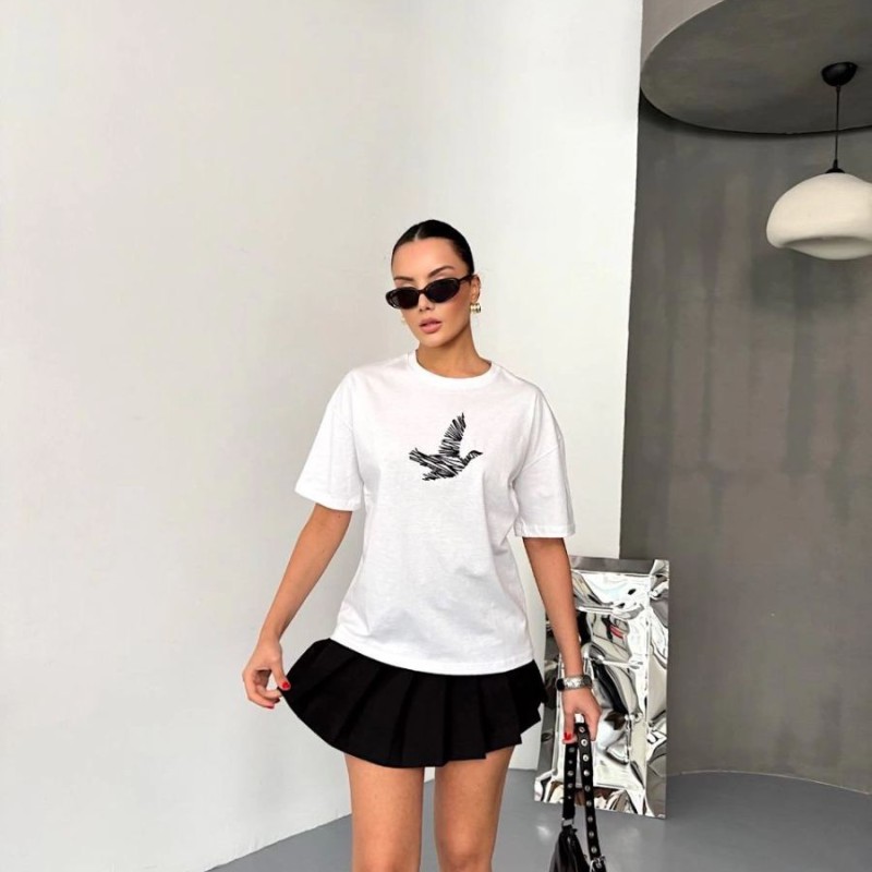 KADIN Baskılı T-Shirt Kısa Kol Bisiklet Yaka Regular Fit Yazlık Tişört - Beyaz