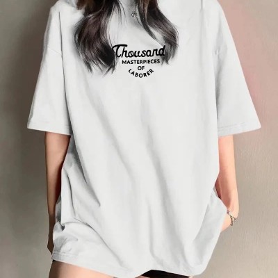 Kadın Baskılı Tişört Bisiklet yaka yazlık Kısa Kol oversize t-shirt - Beyaz