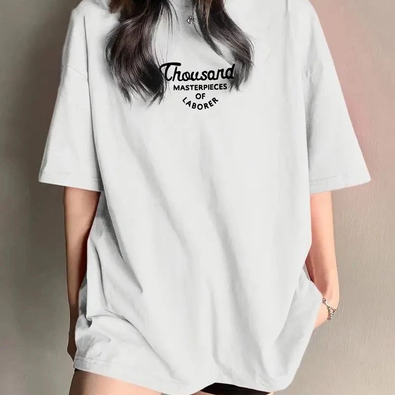 Kadın Baskılı Tişört Bisiklet yaka yazlık Kısa Kol oversize t-shirt - Beyaz