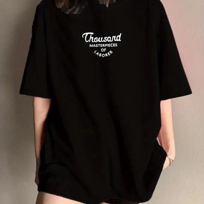 Kadın Baskılı Tişört Bisiklet yaka yazlık Kısa Kol oversize t-shirt - Siyah