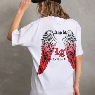 Kadın Baskılı Tişört Kısa Kol Bisiklet Yaka Oversize T-Shirt - Beyaz