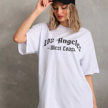 Kadın Baskılı Tişört Kısa Kol Bisiklet Yaka Oversize T-Shirt - Beyaz