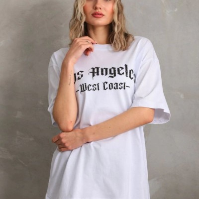 Kadın Baskılı Tişört Kısa Kol Bisiklet Yaka Oversize T-Shirt - Beyaz