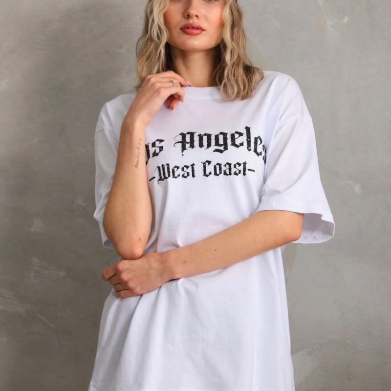 Kadın Baskılı Tişört Kısa Kol Bisiklet Yaka Oversize T-Shirt - Beyaz