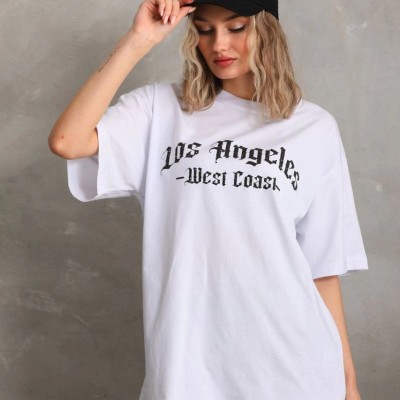 Kadın Baskılı Tişört Kısa Kol Bisiklet Yaka Oversize T-Shirt - Beyaz