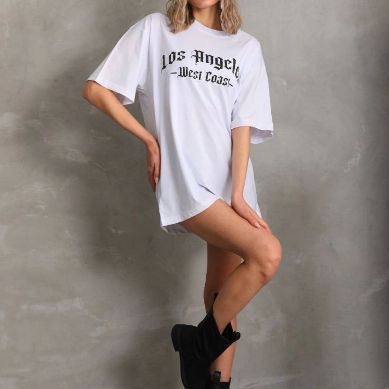 Kadın Baskılı Tişört Kısa Kol Bisiklet Yaka Oversize T-Shirt - Beyaz