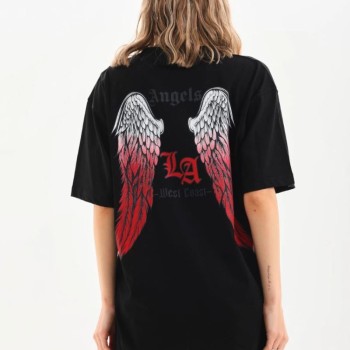 Kadın Baskılı Tişört Kısa Kol Bisiklet Yaka Oversize T-Shirt - Siyah