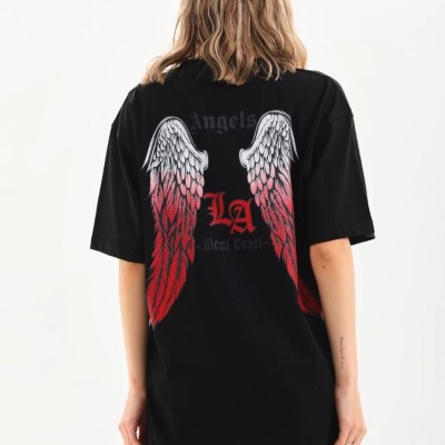 Kadın Baskılı Tişört Kısa Kol Bisiklet Yaka Oversize T-Shirt - Siyah