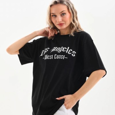 Kadın Baskılı Tişört Kısa Kol Bisiklet Yaka Oversize T-Shirt - Siyah