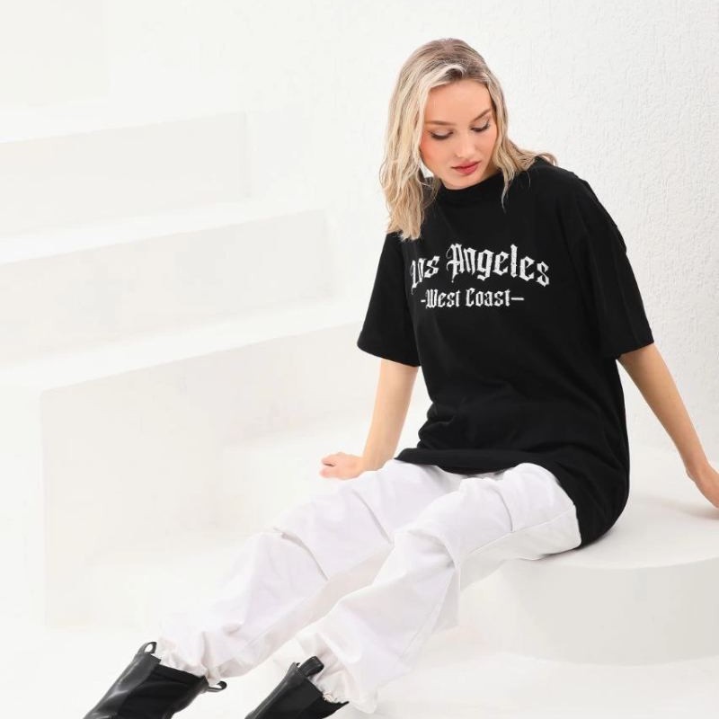 Kadın Baskılı Tişört Kısa Kol Bisiklet Yaka Oversize T-Shirt - Siyah