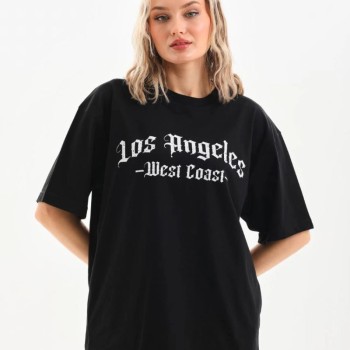 Kadın Baskılı Tişört Kısa Kol Bisiklet Yaka Oversize T-Shirt - Siyah