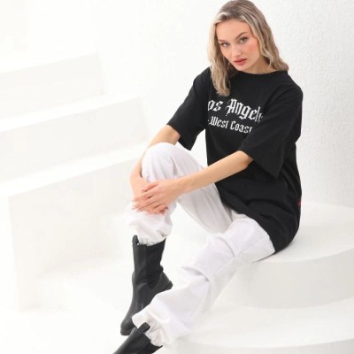 Kadın Baskılı Tişört Kısa Kol Bisiklet Yaka Oversize T-Shirt - Siyah