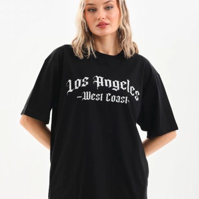 Kadın Baskılı Tişört Kısa Kol Bisiklet Yaka Oversize T-Shirt - Siyah