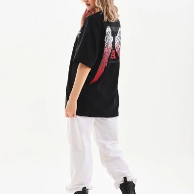 Kadın Baskılı Tişört Kısa Kol Bisiklet Yaka Oversize T-Shirt - Siyah