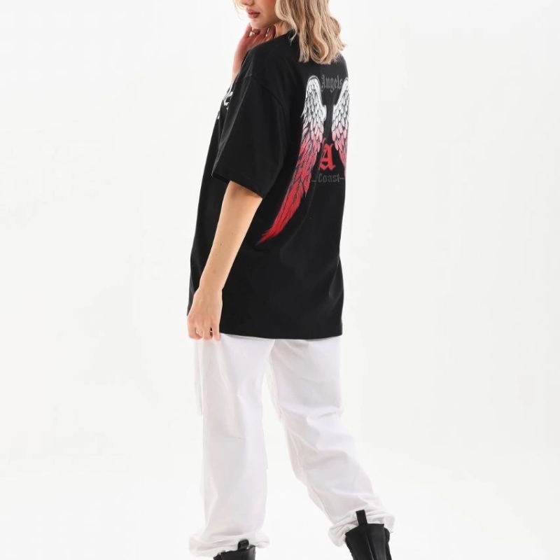 Kadın Baskılı Tişört Kısa Kol Bisiklet Yaka Oversize T-Shirt - Siyah