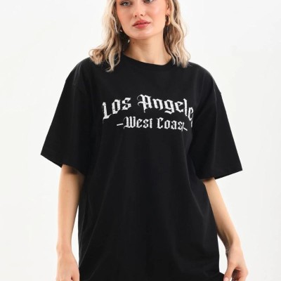 Kadın Baskılı Tişört Kısa Kol Bisiklet Yaka Oversize T-Shirt - Siyah