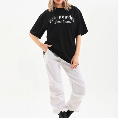Kadın Baskılı Tişört Kısa Kol Bisiklet Yaka Oversize T-Shirt - Siyah