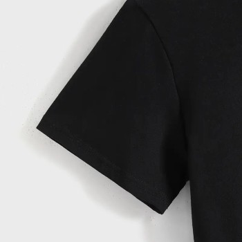 Kadın Baskılı Tişört Kısa Kol Bisiklet Yaka T-shirt - Siyah