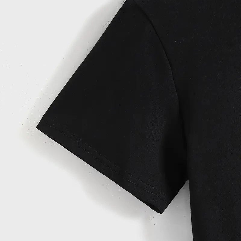 Kadın Baskılı Tişört Kısa Kol Bisiklet Yaka T-shirt - Siyah