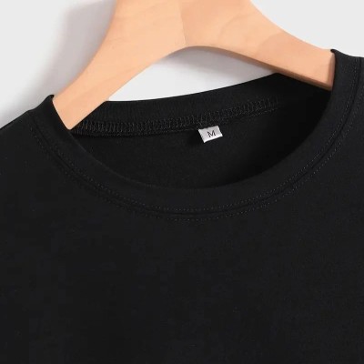 Kadın Baskılı Tişört Kısa Kol Bisiklet Yaka T-shirt - Siyah
