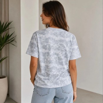 Kadın Batik Desenli Tişört Bisiklet Yaka Kısa Kol Regular Fit T-shirt - Gri