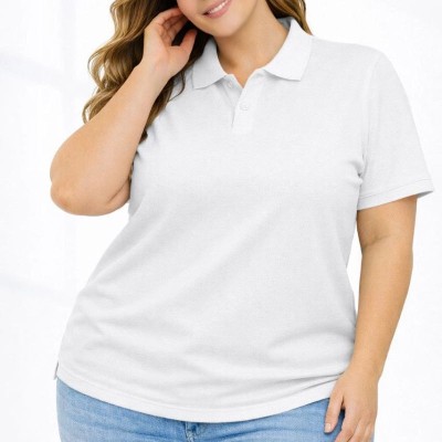 Kadın Battal Beden Tişört Polo Yaka Pike Kumaş Kısa Kol T-Shirt - Beyaz