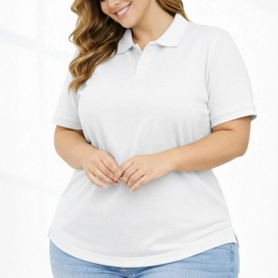Kadın Battal Beden Tişört Polo Yaka Pike Kumaş Kısa Kol T-Shirt - Beyaz