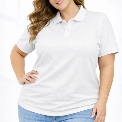 Kadın Battal Beden Tişört Polo Yaka Pike Kumaş Kısa Kol T-Shirt - Beyaz