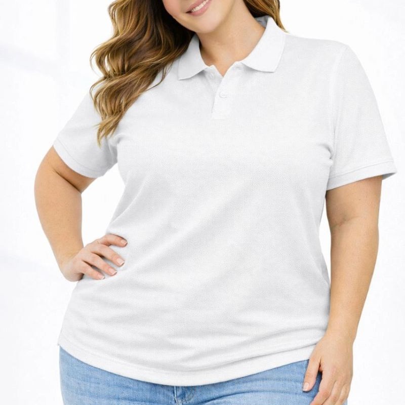 Kadın Battal Beden Tişört Polo Yaka Pike Kumaş Kısa Kol T-Shirt - Beyaz