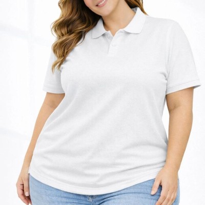 Kadın Battal Beden Tişört Polo Yaka Pike Kumaş Kısa Kol T-Shirt - Beyaz