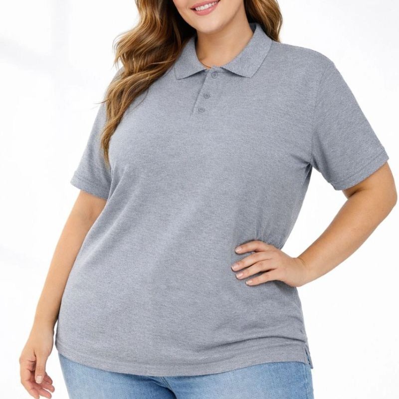 Kadın Battal Beden Tişört Polo Yaka Pike Kumaş Kısa Kol T-Shirt - Gri