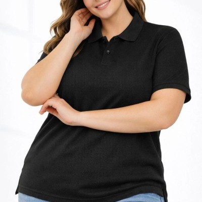 Kadın Battal Beden Tişört Polo Yaka Pike Kumaş Kısa Kol T-Shirt - Siyah