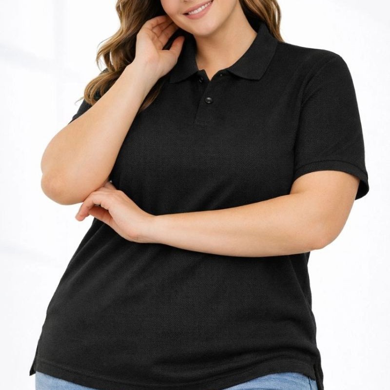 Kadın Battal Beden Tişört Polo Yaka Pike Kumaş Kısa Kol T-Shirt - Siyah