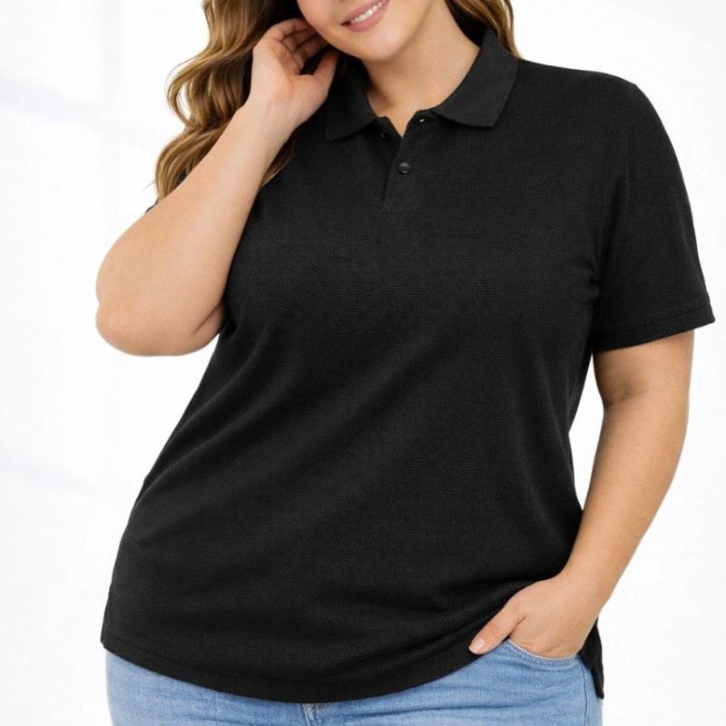 Kadın Battal Beden Tişört Polo Yaka Pike Kumaş Kısa Kol T-Shirt - Siyah