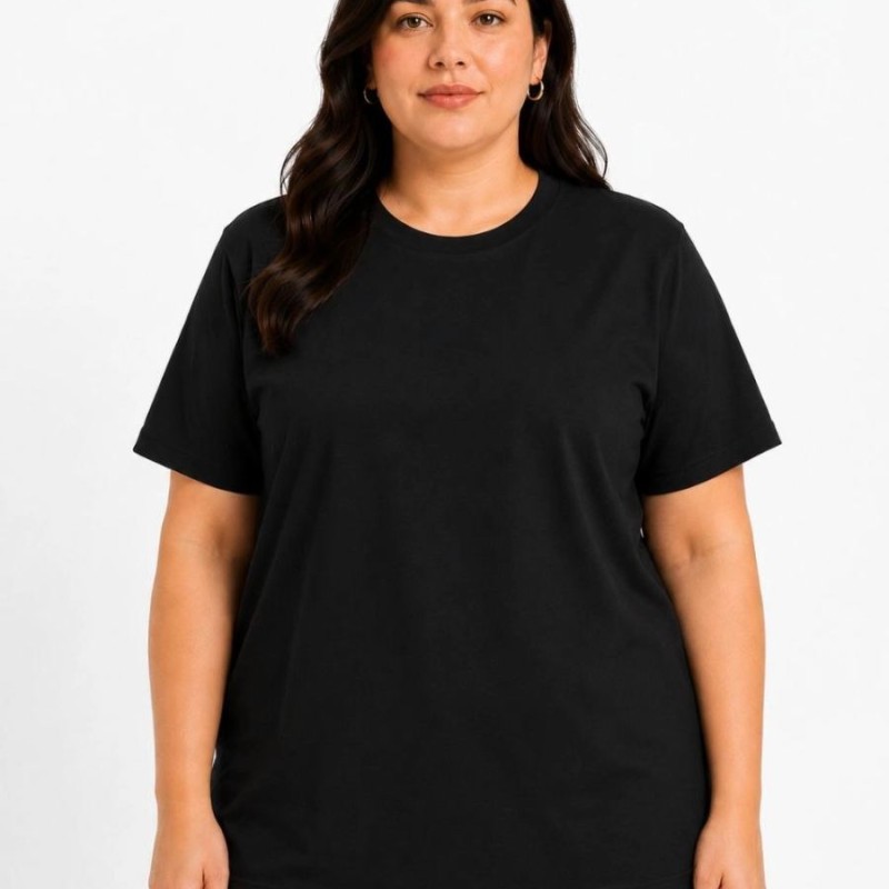 Kadın Battal Big Size Basic Tişört Bisiklet Yaka Rahat Kalıp T-Shirt - Siyah