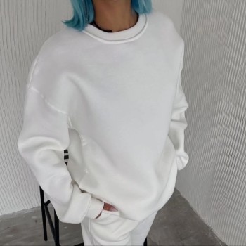 Kadın Bisiklet Yaka 3 İplik Pamuklu Basic SweatShirt - Beyaz