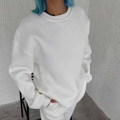 Kadın Bisiklet Yaka 3 İplik Pamuklu Basic SweatShirt - Beyaz