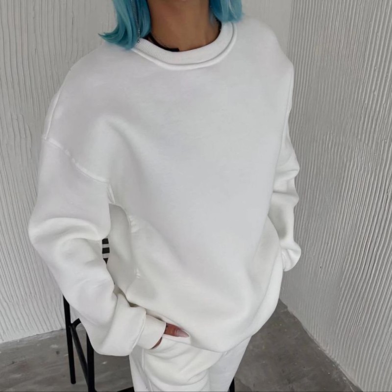 Kadın Bisiklet Yaka 3 İplik Pamuklu Basic SweatShirt - Beyaz