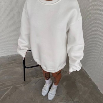 Kadın Bisiklet Yaka 3 İplik Pamuklu Basic SweatShirt - Beyaz
