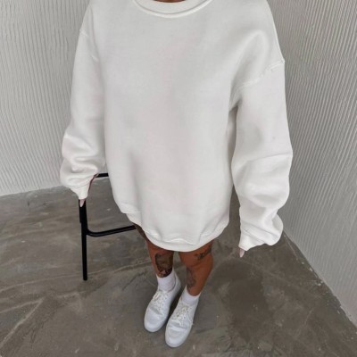 Kadın Bisiklet Yaka 3 İplik Pamuklu Basic SweatShirt - Beyaz