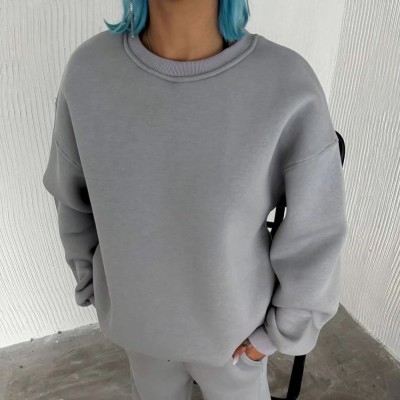 Kadın Bisiklet Yaka 3 İplik Pamuklu Basic SweatShirt - Gri