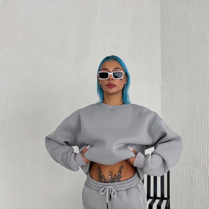 Kadın Bisiklet Yaka 3 İplik Pamuklu Basic SweatShirt - Gri
