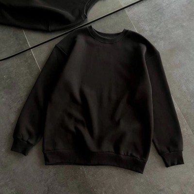 Kadın Bisiklet Yaka 3 İplik Pamuklu Basic SweatShirt - Siyah